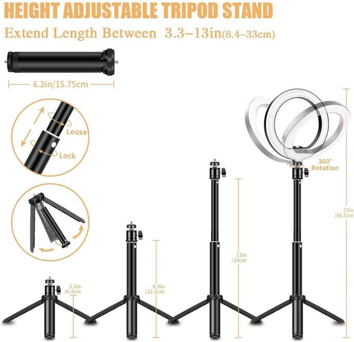 Ring Light Syosin 8" avec support trépied et selfie stick - Image 2